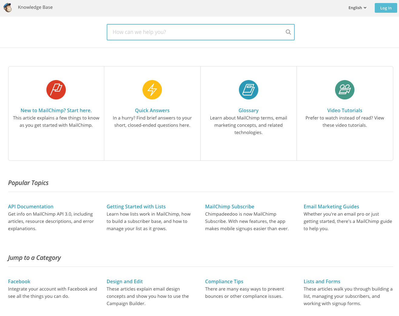 MailChimp's Knowledge Base shows off their customer self service strategy