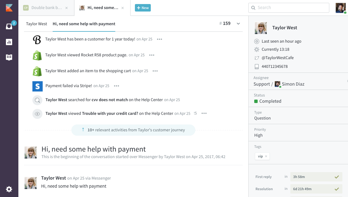 live chat customer satisfaction can be boosted by using journey and conversations in Kayako. You get the full timeline of recent customer events like Shopify orders, Stripe payments, and user searches in the help center.