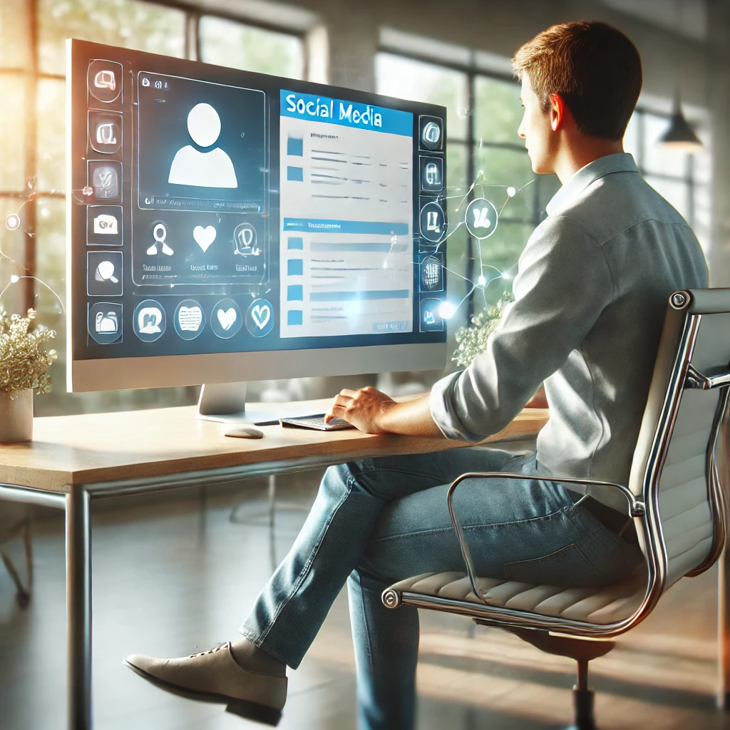 A person sitting at a desk in front of a computer screen displaying a social media website, representing modern customer engagement trends.