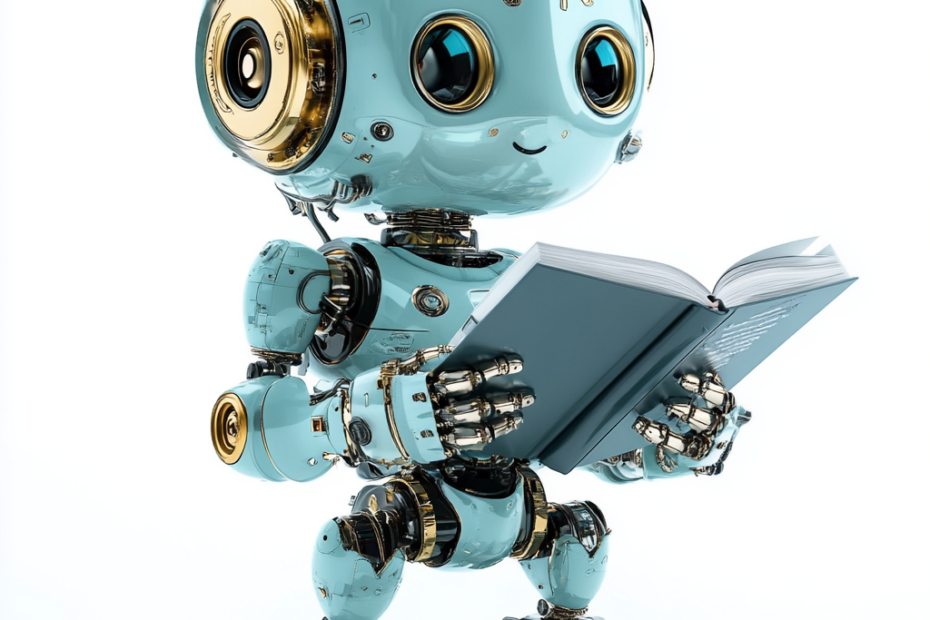 A cute blue robot holding a customer success playbook, symbolizing strategies for winning or losing in customer success for 2024.