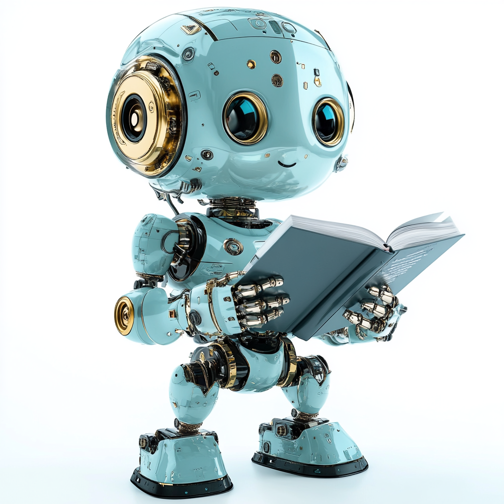 A cute blue robot holding a customer success playbook, symbolizing strategies for winning or losing in customer success for 2024.