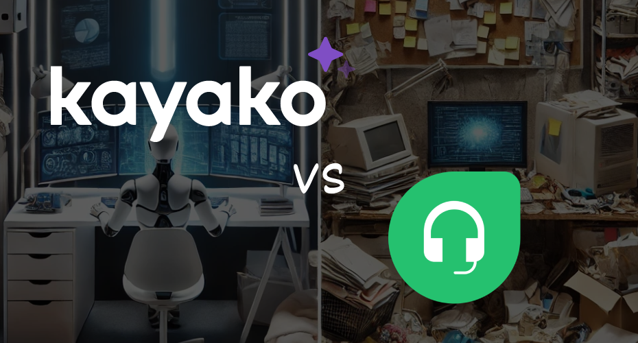 A comparison of Kayako and Freddy AI, showing a futuristic, organized AI-driven workspace for Kayako on the left, contrasted with a messy, disorganized desk representing Freddy AI on the right.