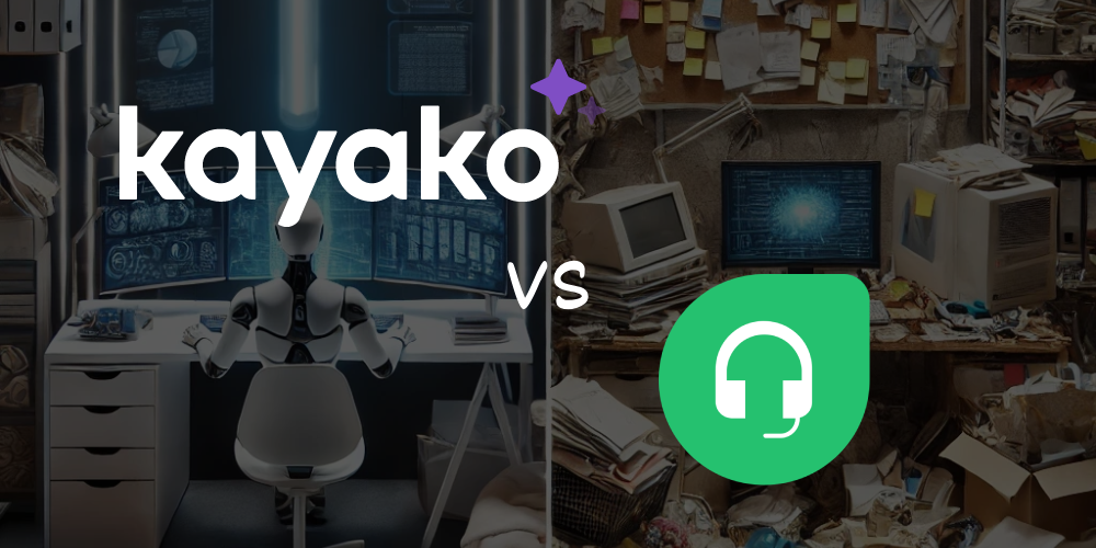 A comparison of Kayako and Freddy AI, showing a futuristic, organized AI-driven workspace for Kayako on the left, contrasted with a messy, disorganized desk representing Freddy AI on the right.