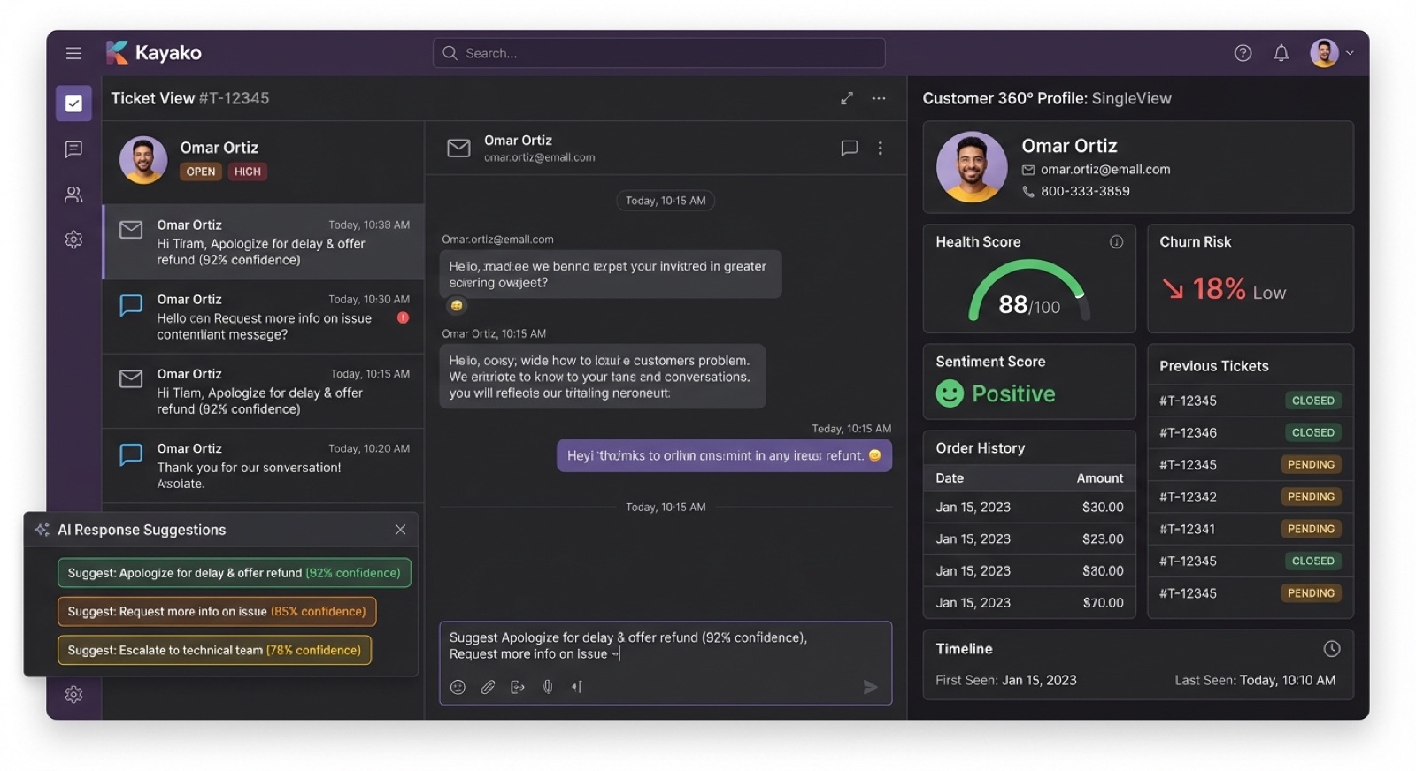 Agent Workspace with 360° customer profile showing health score, churn risk, and order history