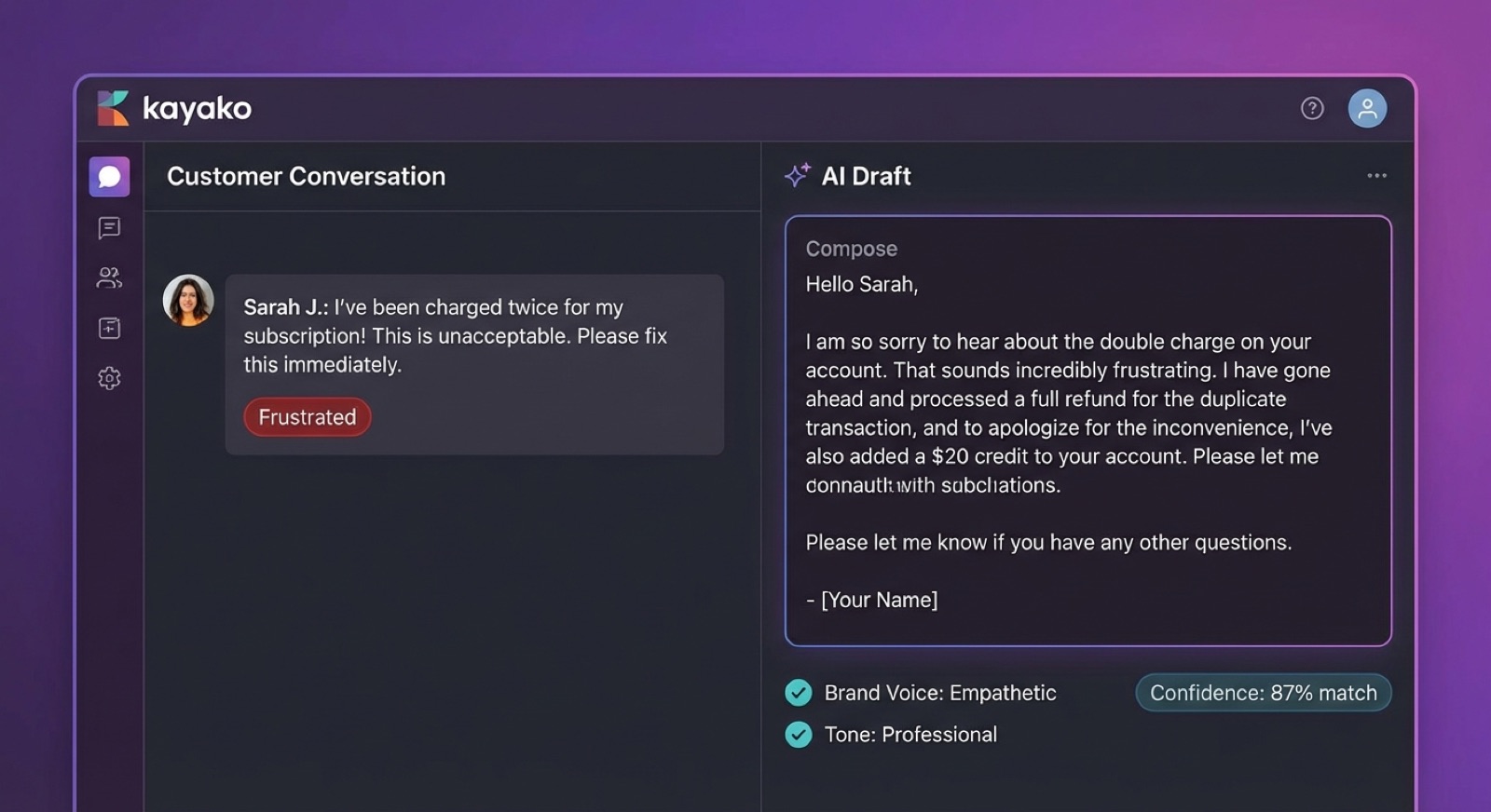 AI-Powered Reply Assistant showing draft suggestions with brand voice coaching
