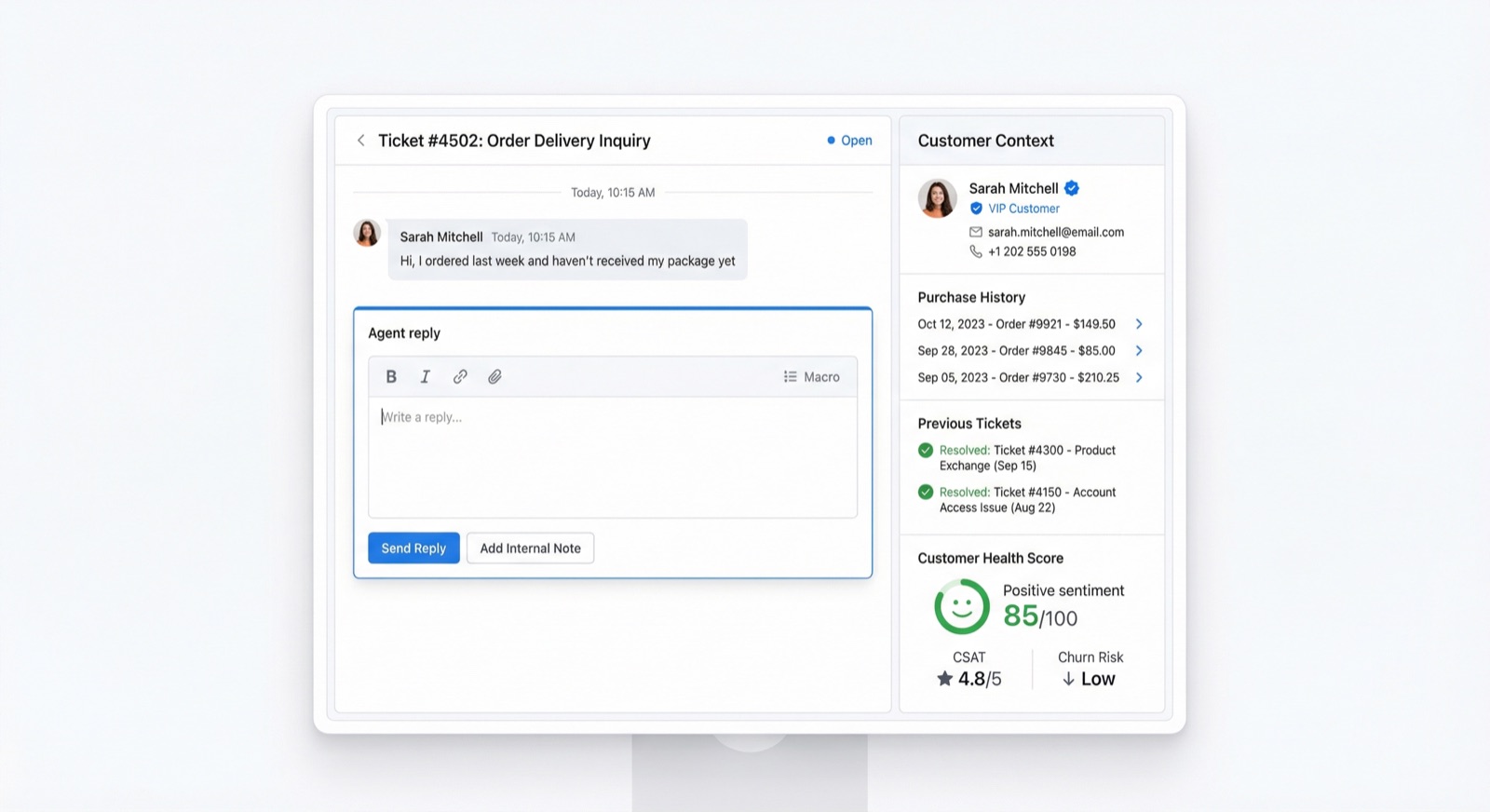 Auto-Context Loading showing ticket view with customer profile, purchase history, and sentiment score