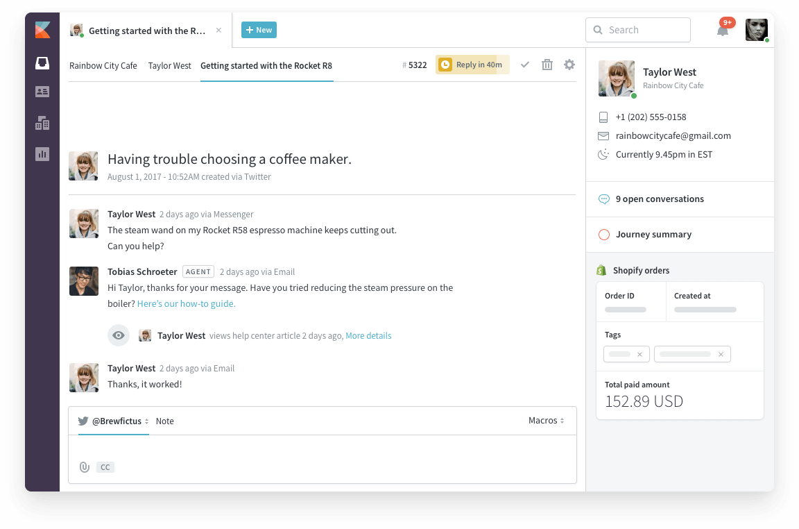 SingleView™ Customer Timeline showing unified data from Shopify, Stripe, and other integrations