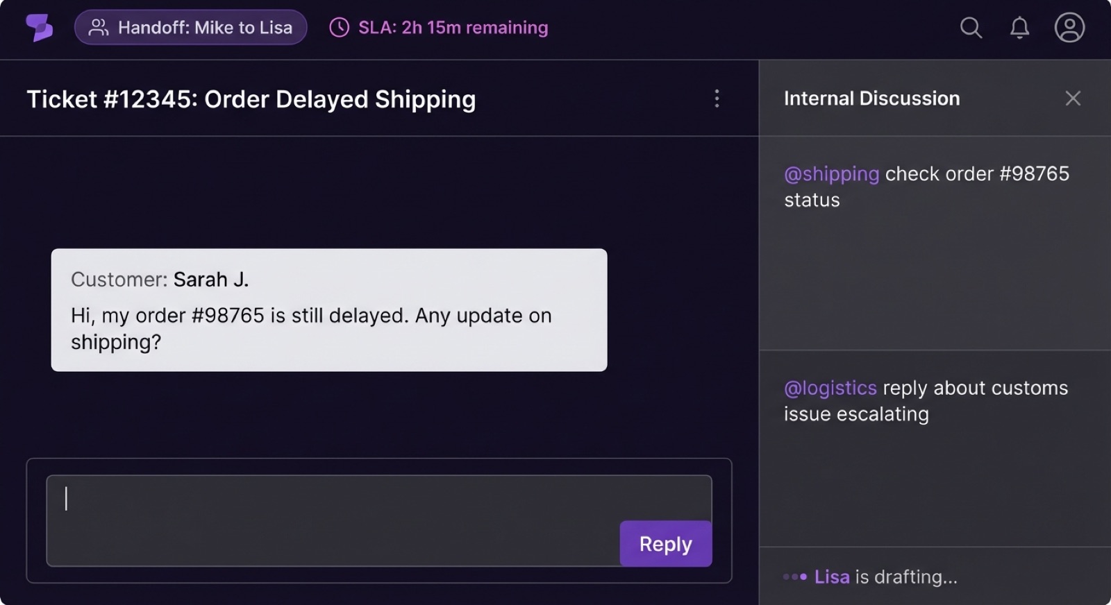 Team Collaboration Hub with internal @mentions, private notes, and handoff tracking