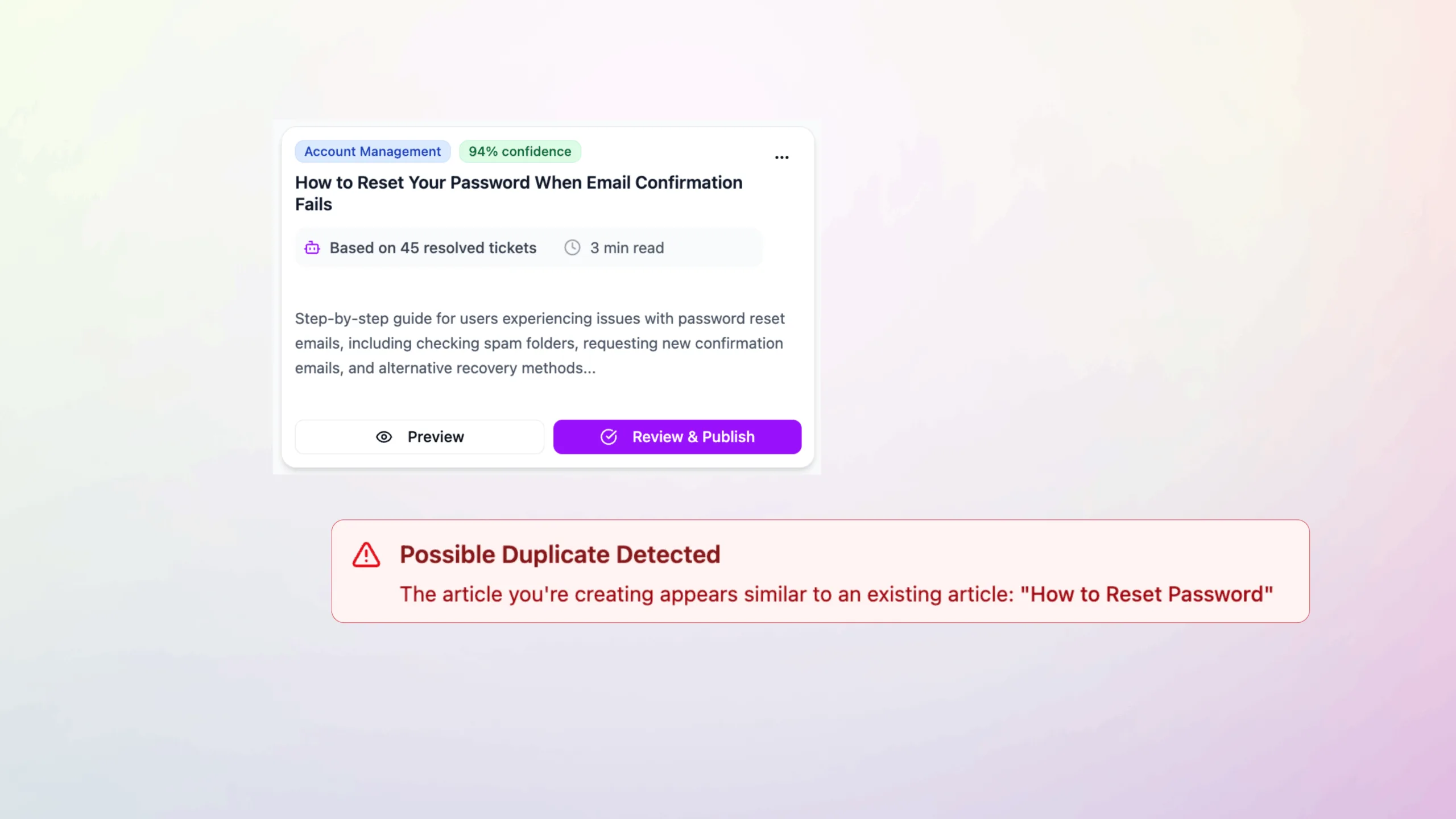 Ticket-to-Article Workflow showing AI-generated knowledge base article from resolved tickets
